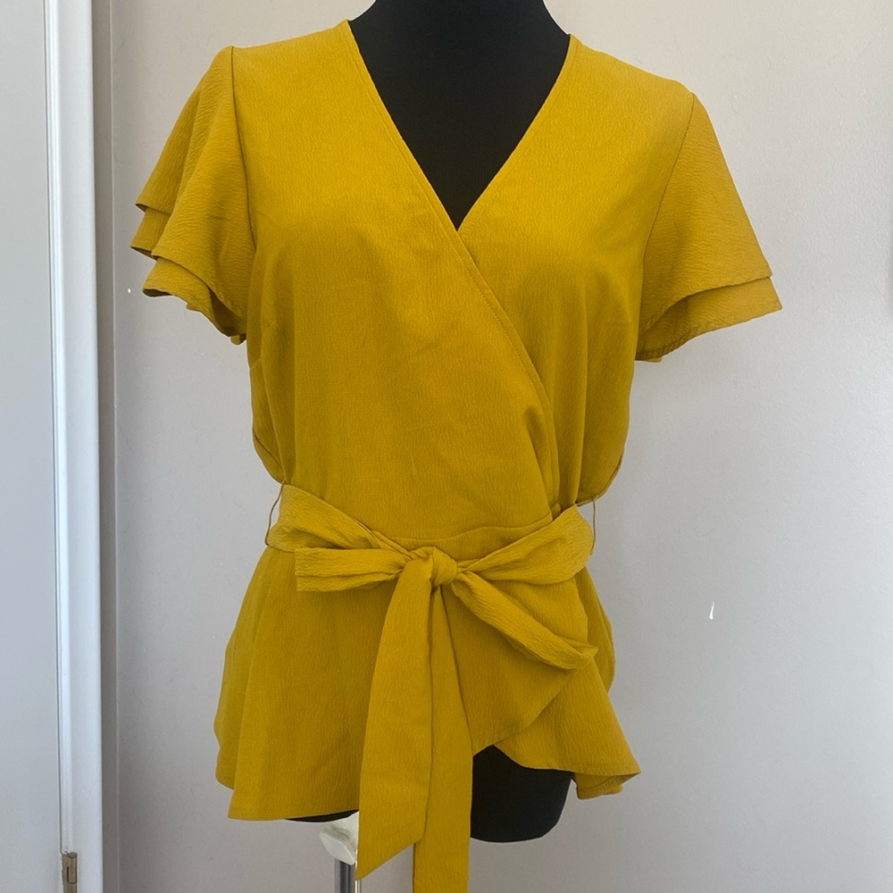 A New Day Mustard Yellow Faux-Wrap Peplum Blouse